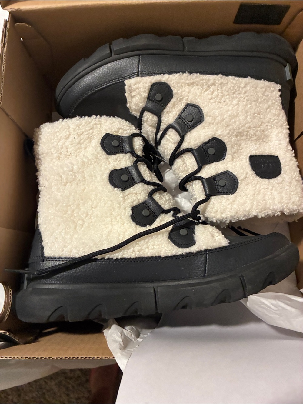 Sorel Cream Sherpa and Black Lace-Up Winter Boots